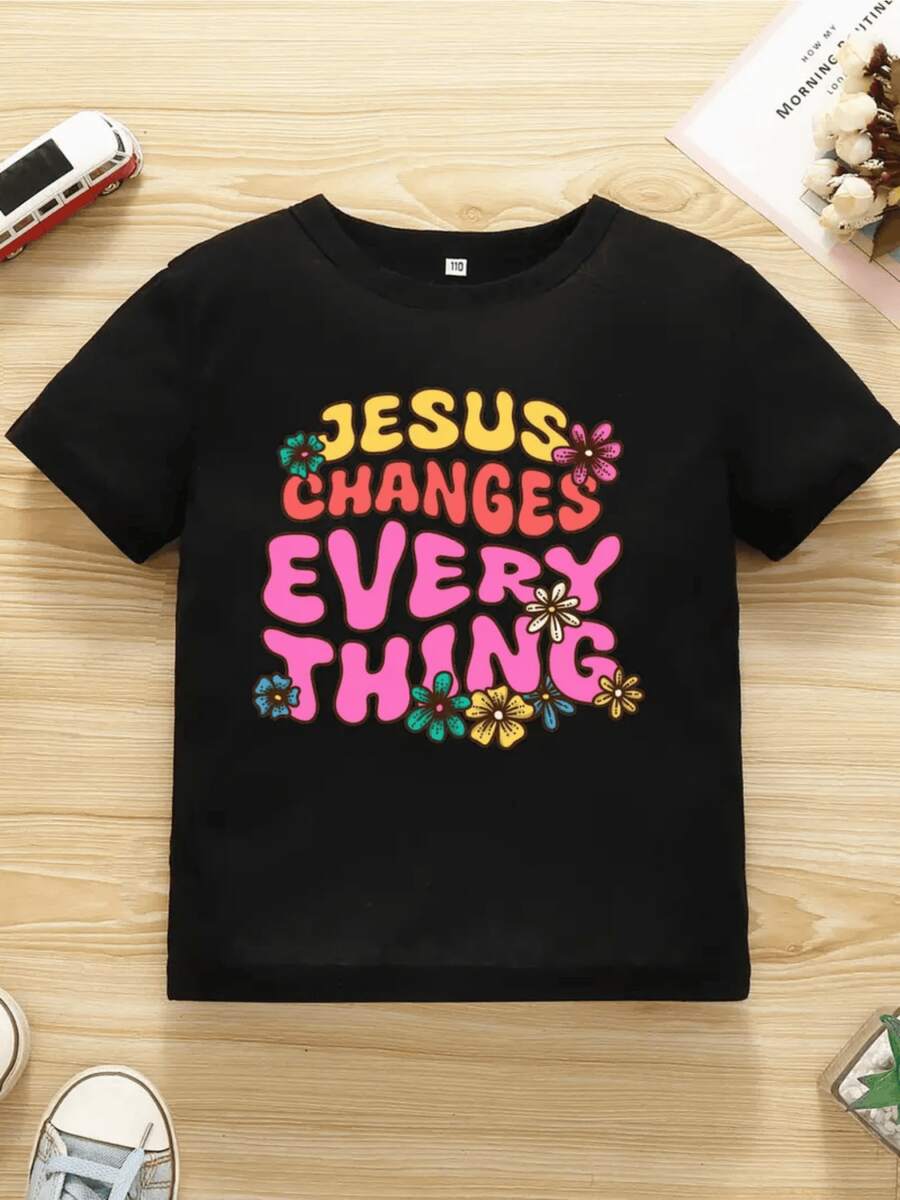 Frase inspiradora sobre la fe que transforma todo con colores alegres y flores que transmiten esperanza y amor camiseta blanca 220g ropa para niños - Negro - Ver 1