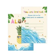 12张热带海滩生日邀请卡，夏日夏威夷冲浪主题，可填写卡片，饰有贝壳、棕榈树、复古汽车图案，适合海滩派对、夏威夷主题派对和夏季庆祝活动。 - 多色 - 查看 12