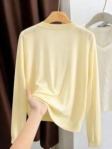 GIGOGOU Áo khoác cardigan dài tay dệt kim nhẹ, thoáng khí dành cho nữ, thiết kế tối giản, thích hợp cho mùa xuân/hè. - Màu vàng - Xem 3