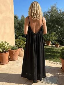 Women's Spaghetti Strap Beach Maxi Dress - Open Back Loose Flowy Vacation Sundress For Summer - 酒紅色 - 查看 4