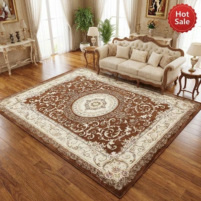 1 pieza Alfombra de área de imitación de cachemira de 1000g/㎡ con diseño floral clásico, alfombra marrón beige para sala de estar, alfombra de piso esponjosa antideslizante para dormitorio y pasillo - Alfombra de lujo de gran tamaño para decoración