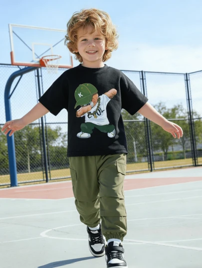 2pcs/Set Young Boys Cartoon Print Black Short Sleeve Top + Casual Cargo Pants