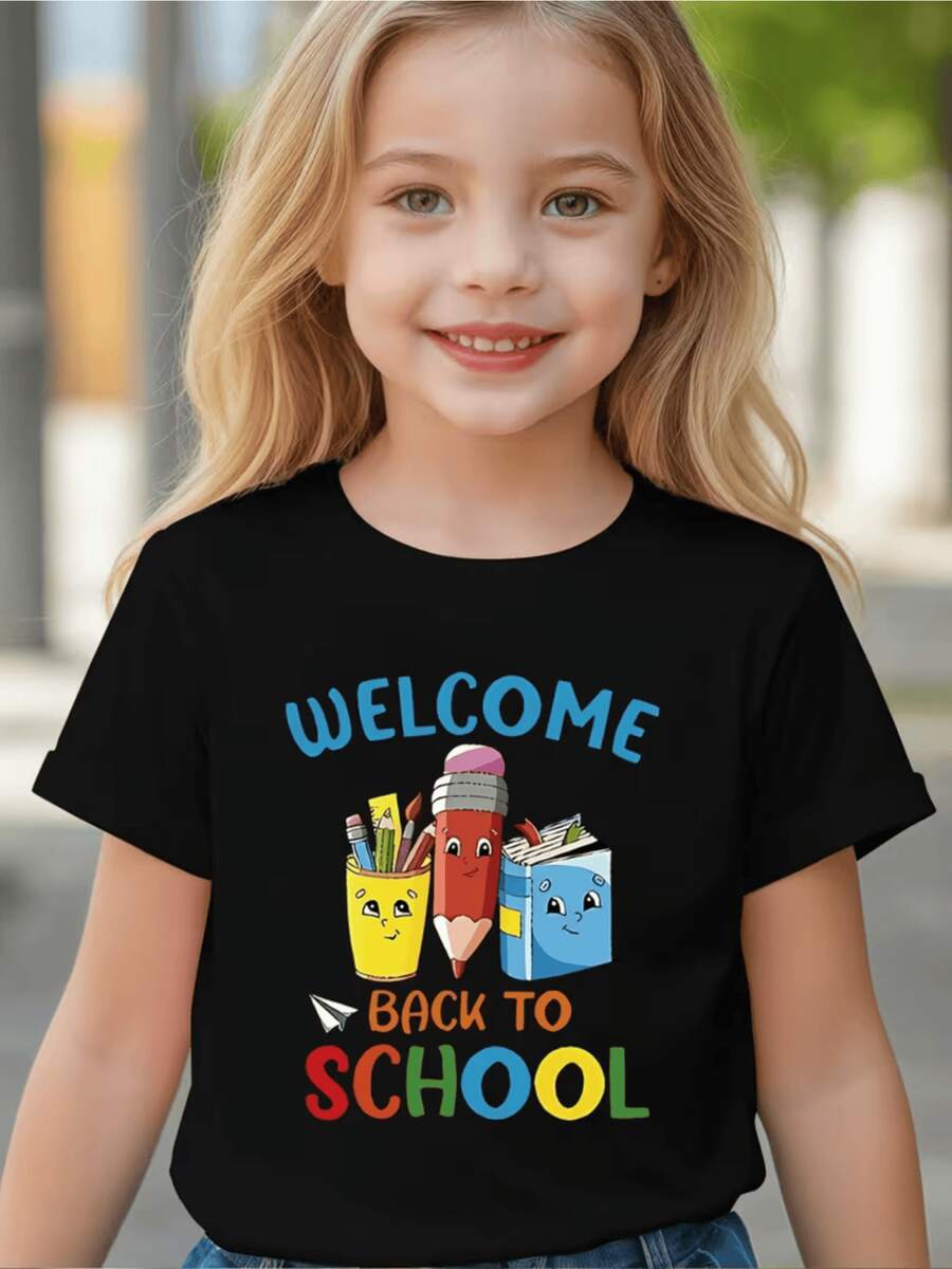 Dibujo alegre con lápiz sonriente y libros coloridos que celebran el regreso a clases lleno de y aprendizaje camiseta 220g ropa para niños cómoda y divertida para días escolares - Negro - Ver 1