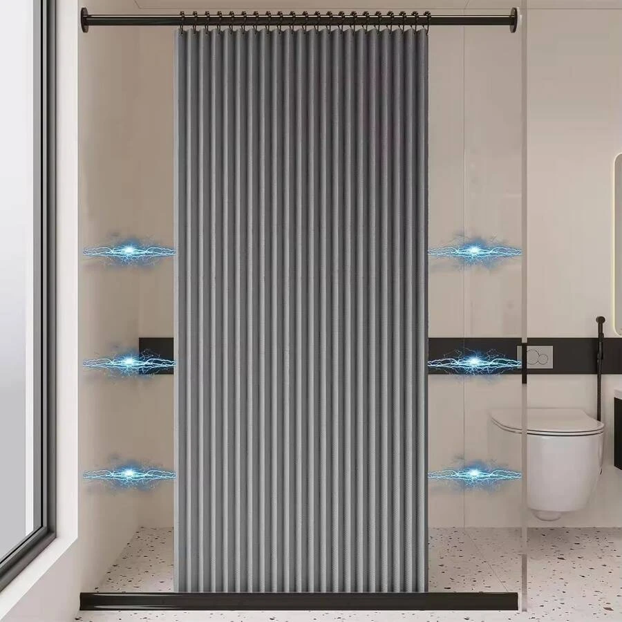 磁吸式折叠浴帘，免钻孔设计，含金属挂钩，适用于步入式淋浴间 - 灰色1件 - 查看 1