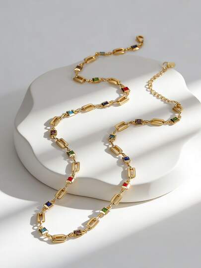 Charm-In Gold Plated Colorful Stone Link Necklace For Women Geometric Chain Jewelry For Daily Wear