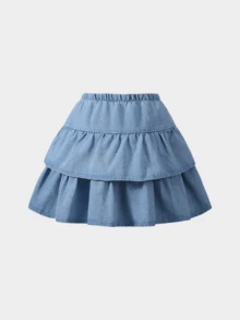 1pc Girls Casual Pleated Denim Skirt, Elastic Waist, Versatile & Fashionable, Summer - Medium Wash - View 3