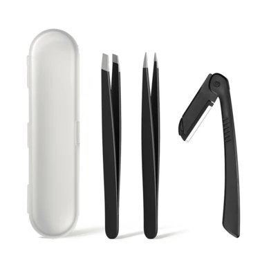 3pcs Precise Hair Removal Eyebrow Tweezers Set, Stainless Steel Matte Black Minimalist Straight/Pointed Folding Razor Eyebrow Grooming Tools, Portable For Travel/Daily Makeup, Women