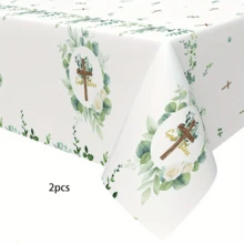 1pc/2pcs 54"X108" God Bless Tablecloth, Eucalyptus Leaf Cross Religious Tablecloth, Sage Green Plastic Tablecloth, Suitable For Shower, Communion Decor - Multicolor - View 7