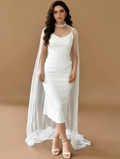 1pc Handmade Beaded Bridal Shawl, Floor-Length, Faux Pearl Neck Wrap For Women, Suitable For Wedding, Party, Engagement Ceremony, Bridal Gown Accessory, Adjustable Neck