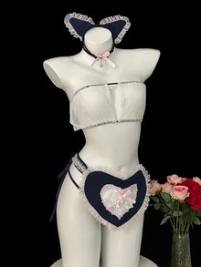 Bra 1+ Underwear 1+ Apron 1+ Hairband 1+ Cuff 2+ Neck Ring 1, Sexy Underwear Sexy Small Chest Three-Point Cosplay Role-Playing Maid Uniform Seduction Bed Free Ladies Sexy Costume Sexy Lingerie Set - Blue - View 3