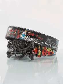 1pc Y2K Rhinestone Skull Buckle Belt, Graffiti Print Belt, Punk Gothic Waist Belt For Streetwear, Raves, And Party Outfits - Rhinestones - View 11