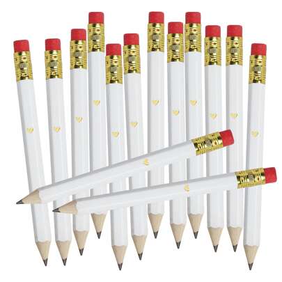 25pcs Mini Heart-Shaped Gold Foil Pencils With Erasers, 4inch/10cm Mini HB Hexagonal Golf Pencils With 1 Pencil Sharpener, Gift For Wedding (White)