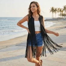 Women's Fringe Vest 70s Hippie Costume Faux Suede Sleeveless Tassel Long Cardigan Jacket Cowgirl Western Tops - 黑色 - 查看 2