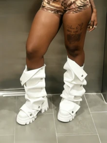 Women Mid Calf Boots Platform Heels Ruch Boots Knee High Fold Over Chunky Heel Short Booties Round Toe Wide Calf Pull-On Shark Boots Daily Party Y2K Dress Boots For Woman - trắng - Xem 1