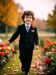 3pcs Young Boy Suit Set: Jacket, Pants, Tie, Autumn/Winter, Suitable For Birthday, Wedding, Piano Recital, Formal Occasions - Black - View 9