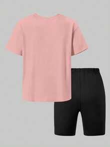 Bộ 2 món áo thun và quần short in hình chuột lang nước dễ thương, thời trang thường ngày cho bé gái, thích hợp mặc mùa hè. - Hồng - Xem 3