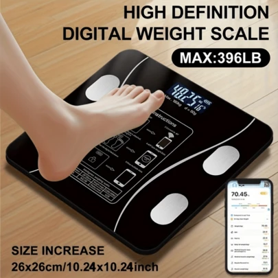 1个智能体脂秤，无线数字浴室秤，带LED显示屏，智能体重秤，数字体重秤，电池供电（不含AAA电池），身体成分分析仪，BMI秤，智能手机应用程序，适用于宿舍、健身房、测量设备、电子秤，家用、浴室、宿舍使用