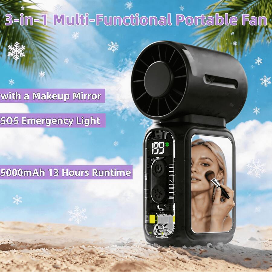 W&O 2026 Portable Fan, Handheld Fan, Neck Fan,Mini Fan,With Makeup Mirror,5000mAh 13H Long Lasting, 199 Speed Adjustable, LED Flashlight & SOS Light,Flashlight, Type-C Rechargeable, Ultra Quiet Mini Fan For Camping, Outdoor, Work, Travel, Dorm, Truck, Gift - 黑色 - 查看 1