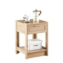Rattan Side Table With Drawers, Modern Bedside Table, Living Room/Bedroom End Table, Natural Wood Grain Look - H 55 / W 40 / D 40 Cm - Khaki - View 2
