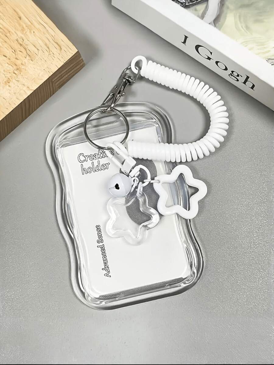 Bell-Shaped Star-Shaped Hanging Card Holder, Cardholder, Retractable Plastic Spring Card Strap Keychain - Cute And Practical, With A Removable, Wipeable Sliding Cover, Key Ring, And Detachable Lanyard/Pendant - Heavy-Duty Transparent Card Holder - Multicolor - View 1
