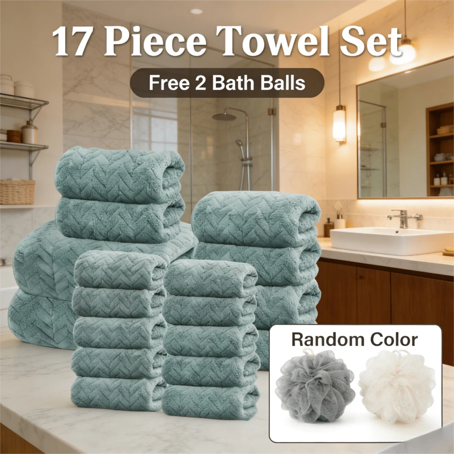 17-Piece Purple Pink/Bean Green/Dark Gray Cotton Towel Set (9 Washcloths + 6 Hand Towels + 2 Bath Towels) Bonus 2 Bath Sponges (Random Color)- Ultra Soft Absorbent, Quick Dry For Bathroom, Hotel & Home Essentials,