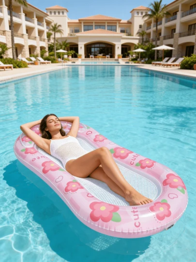 1件装充气漂浮躺椅，带花卉图案，含头枕，PVC材质，适用于水上、沙滩、泳池、主题派对等场合，可用作充气水上漂浮物、水上休息床、泳池漂浮配件，需另购气泵。