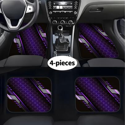 4 piezas Alfombrillas de coche con estampado de hexágono morado, alfombras para el piso delantero y trasero, accesorios de interior de coche, adecuadas para asientos delanteros y traseros, lavables, alfombrillas de poliéster de moda para proteger coches, SUV, etc.