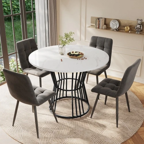Dining Chair Set (5 Pieces), Dining Chair Set With 4 Chairs, Kitchen Dining Chair Set, Round Dining Table 100 Cm Diameter, Black Metal Table Legs, White MDF Tabletop, Dark Grey Velvet Dining Chair - Dark Grey - View 1