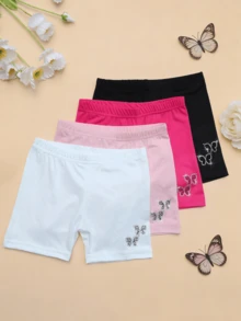 4pcs Girls' Solid Color Butterfly Rhinestone Decor Shorts, Thin Breathable Safety Pants, Soft & Comfortable For Spring/Summer Daily Wear, Can Be Worn As Undershorts Or Outerwear - Multicolor - View 14