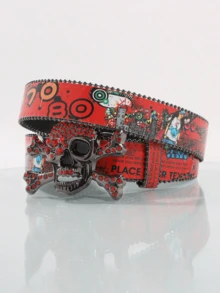 1pc Y2K Rhinestone Skull Buckle Belt, Graffiti Print Belt, Punk Gothic Waist Belt For Streetwear, Raves, And Party Outfits - Rhinestones - View 14