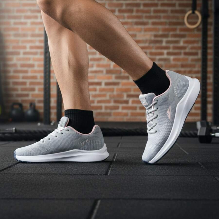 Tênis Feminino Sneakers Confortável e Leve para Corrida e Academia - Cinza/Rosa - Visão 1