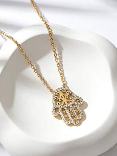 Charm-In שרשרת תליון יד חמסה מצופה זהב עם זירקוניה מרוצפת לנשים תכשיטי הגנה מפני עין הרע מינימליסטיים מתנה עבורה