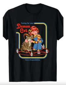 Caring For Your Demon Cat Retro Dark Humor T-Shirt - 黑色 - 查看 1