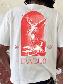 FRACTYR Men's Casual Versatile Fashion Angel & Devil Element Printed Round Neck T-Shirt, Summer Casual Street Art Style - White - View 2