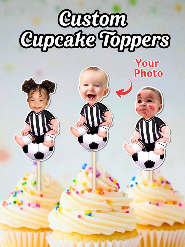 Decoración personalizada de pastel con foto - Decoraciones personalizadas de cupcakes con fotos, fiestas con temática de fútbol, decora cupcakes con diferentes fotos, decoraciones de pastel de cumpleaños, decoraciones de cupcakes con gorros de fiesta, fácil de colocar en pasteles - Adecuado para cumpleaños, Día del Niño, Día del Padre, ceremonias de graduación, fiestas de bebés, reuniones familiares, pasteles festivos - Perfecto para familias, amantes de las fiestas DIY, organizadores de eventos - Decoración de pasteles, decoraciones personalizadas de pasteles festivos, adornos de postres, suministros de fiesta.