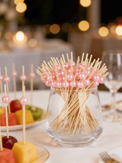 200/100 buc agrafe de unică folosință pentru tort cu fructe roz cu perle, potrivite pentru deserturi de petrecere, prăjituri, băuturi, aperitive, sandvișuri, fructe, cadouri de Crăciun pentru petrecere