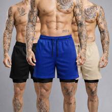 Kit Of 3 Short 2-In-1 Dry Fit Lined Men's Gym Shorts For Running And Training With Elastane - Negro/Azul Real/Beige - Ver 1