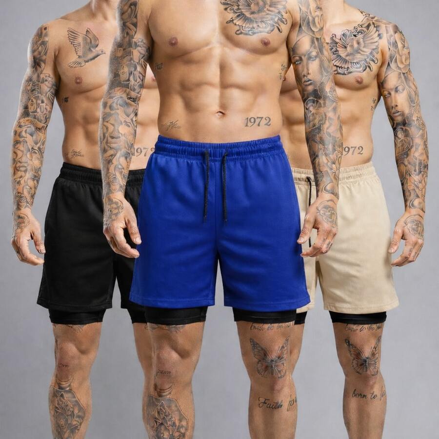 Kit Of 3 Short 2-In-1 Dry Fit Lined Men's Gym Shorts For Running And Training With Elastane - Negro/Azul Real/Beige - Ver 1