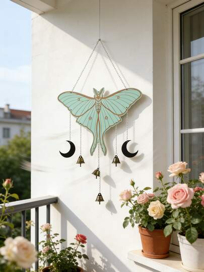 1件蝴蝶风铃壁挂装饰，波西米亚风月亮铃铛吊坠，复古艺术装饰，自然风格，适用于花园、露台、门口、窗户、客厅、卧室、乔迁之喜、节日派对、室内/室外