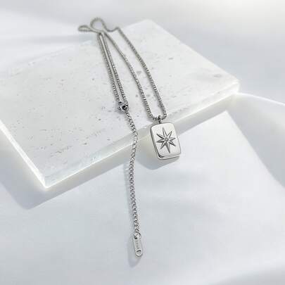 1pc Casual Minimalist Fashionable Versatile Stainless Steel Adjustable Chain Rhinestone Sunburst Square Pendant Necklace For Men