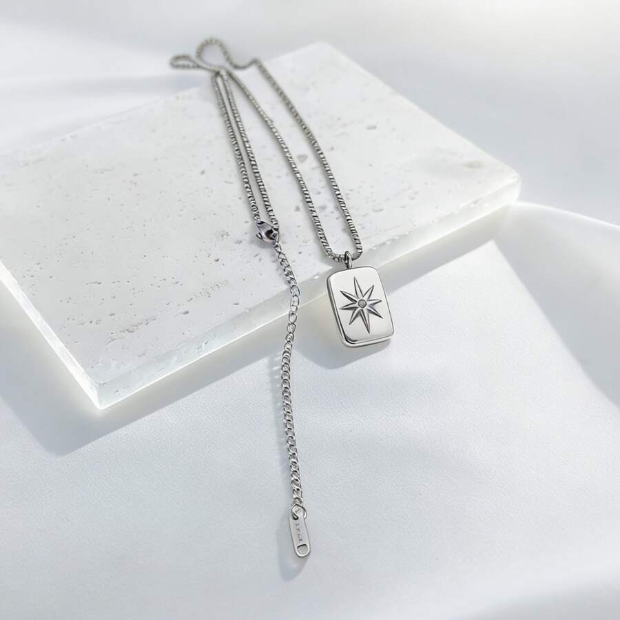 1pc Casual Minimalist Fashionable Versatile Stainless Steel Adjustable Chain Rhinestone Sunburst Square Pendant Necklace For Men - Silver - View 1