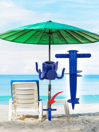 2 Pieces Of Beach Umbrella Hooks + Outdoor Umbrella Stand Base. Strong And Durable Beach Umbrella Sand-Fixing Stakes, Four-Prong Plastic Umbrella Hooks, Can Be Used To Hang Towels/Hats/Clothes/Cameras/Fashion Glasses/Bagbags, Suitable For Beach And Camping Trips.