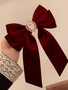 1个大号酒红色缎面蝴蝶结发夹，复古仿珍珠玫瑰浮雕法式发夹，酒红色长丝带发夹，红色蝴蝶结发饰，适合女孩，可作为婚礼、情人节礼物、发夹、发卡、发卡、头饰、发簪、母亲节礼物 - 酒紅色 - 查看 6