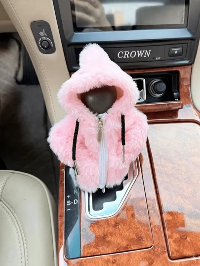 1pc Plush Car Gear Shift Knob Cover - Hooded Velvet Gear Shift Sleeve, Zipper Design, Thick Plush Material, Sweat-Proof And Protective, Warm Interior Accessory For Winter, Suitable For Manual And Automatic Transmission Cars, Cute Decorative Gear Shift Knob Cover, Fashionable Car Styling Upgrade