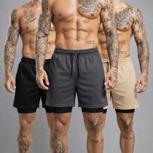 Kit Of 3 Short 2-In-1 Dry Fit Lined Men's Gym Shorts For Running And Training With Elastane - Black/Lead/Beige - View 1
