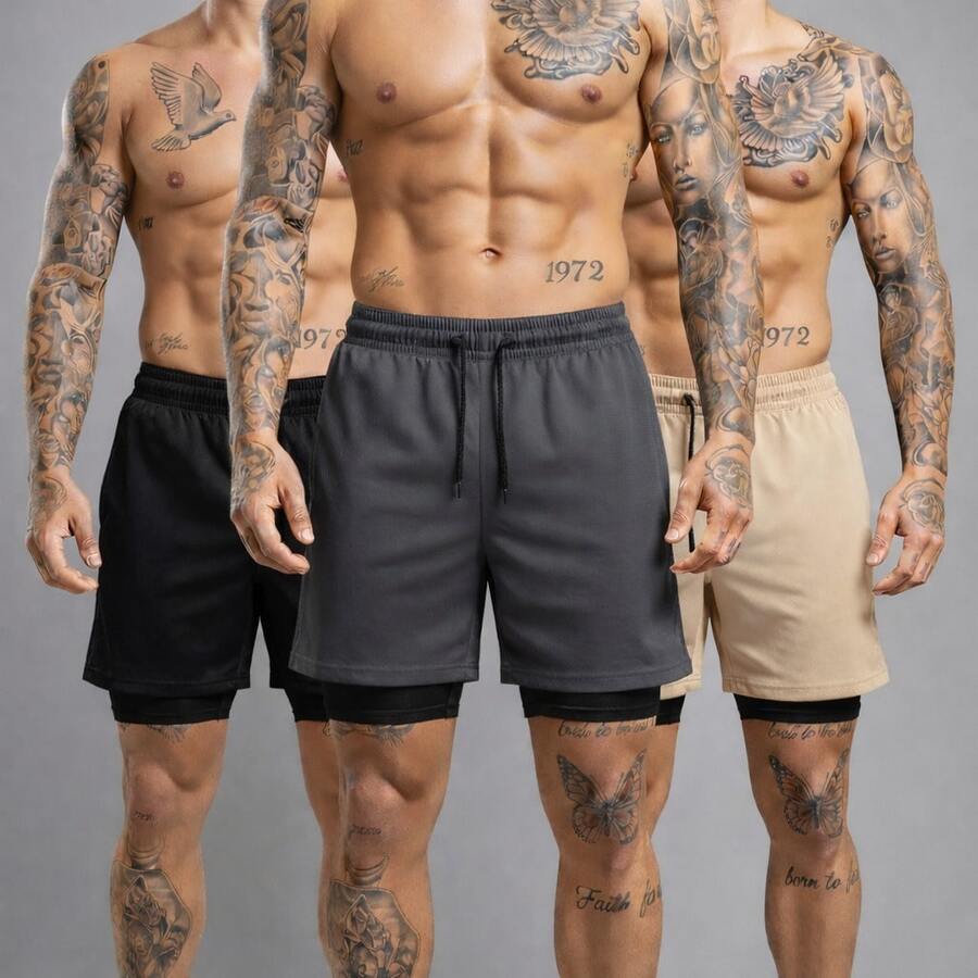 Kit Of 3 Short 2-In-1 Dry Fit Lined Men's Gym Shorts For Running And Training With Elastane - Black/Lead/Beige - View 1