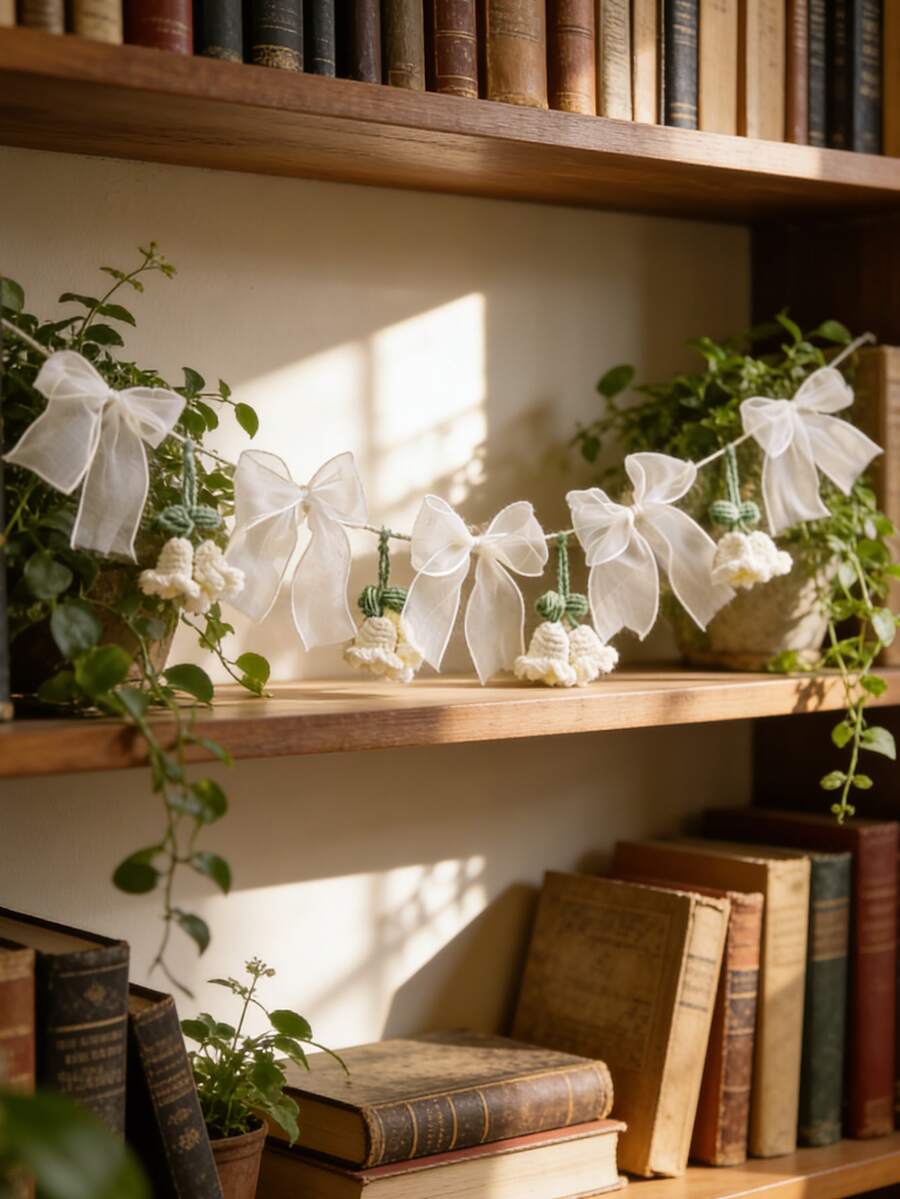 1件白色百合编织挂旗装饰，网纱蝴蝶结花旗，波西米亚乡村风室内装饰，编织花环，优雅浪漫墙面装饰，家居派对婚礼新娘派对拍照背景，客厅卧室宿舍玄关，春夏假日庆典，农舍书架壁炉装饰，乔迁礼物