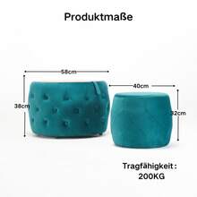 Luxurious Set Of Two Nesting Velvet Stools, 4-In-1 Function, Round Storage Stool With Wooden Shelf, No Assembly Required, Blue (58 Cm X 58 Cm X 38 Cm) - Blue - View 7