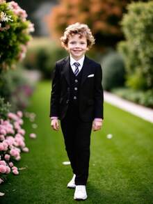 3pcs Young Boy Suit Set: Jacket, Pants, Tie, Autumn/Winter, Suitable For Birthday, Wedding, Piano Recital, Formal Occasions - Black - View 10