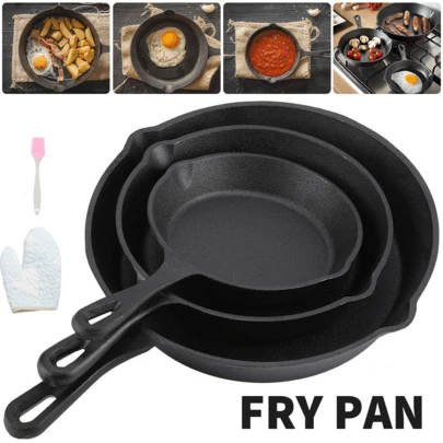 3PCS Cast Iron Non Stick Skillet Griddle Cooking Pan Pre-Seasoned Frying Pan Black